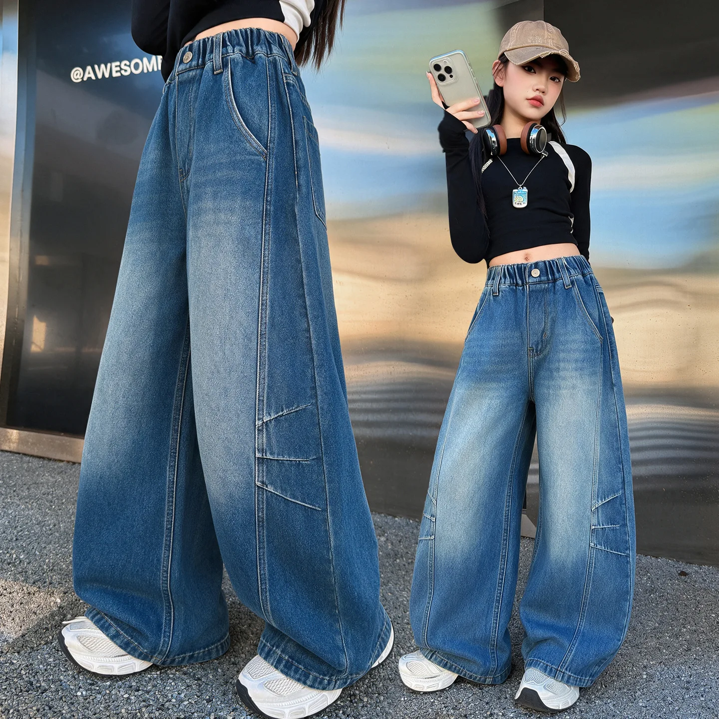 New Girls Fashion Patchwork Baggy Curved Jeans for Teen Kids Casual Loose Wide Leg Denim Pants Children‘s Spring Fall Trousers
