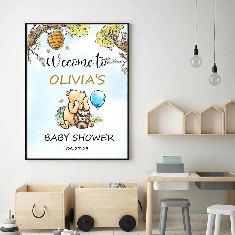 Personalized Baby Shower Welcome Sign Art Print Bear Honey Baby Shower Poster Cartoon Style Canvas Painting Bridal Shower Decor