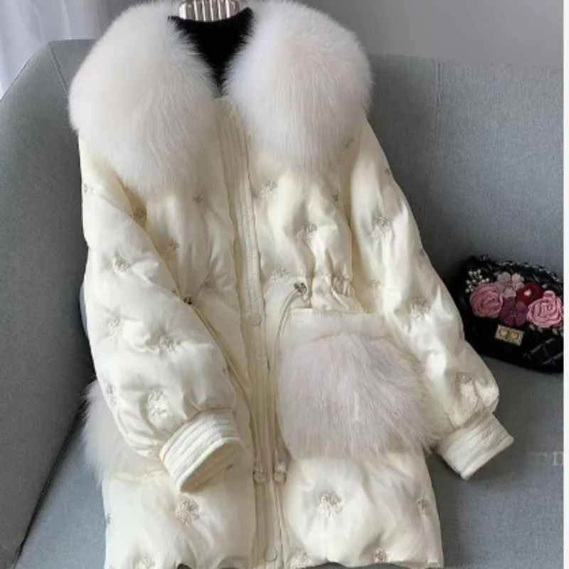 

Winter New Medium and Long Parker Waist Thin Warm Down Cotton Clothes Women's Coat Temperament Commuting Coat Big Fur Collar Fur