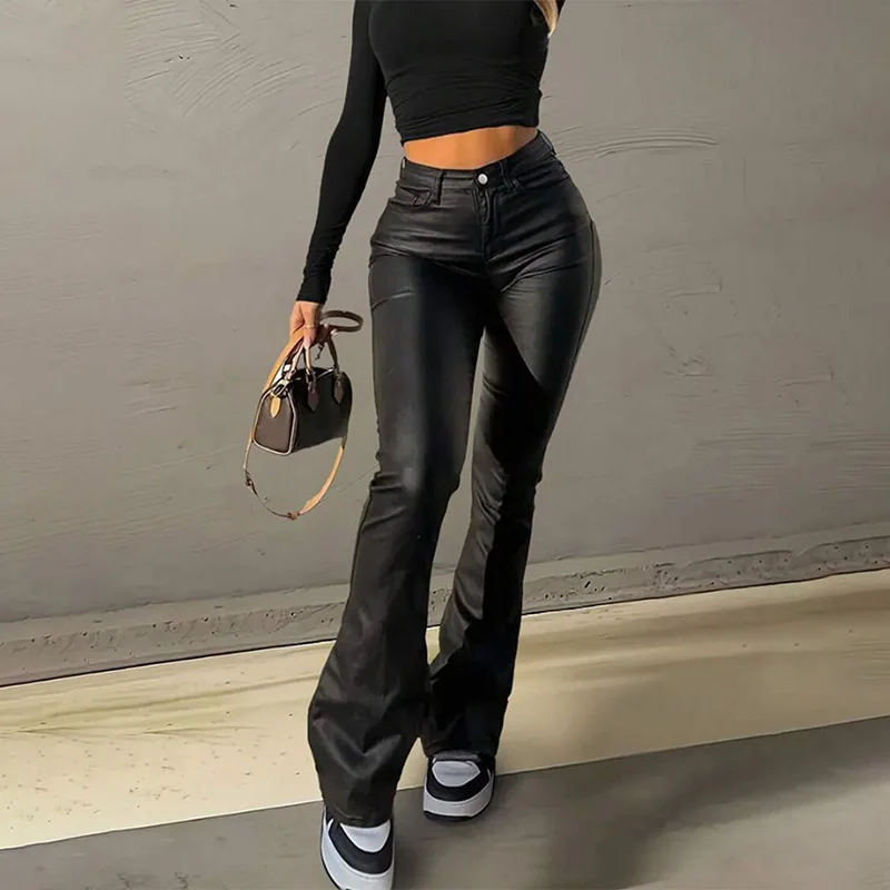 Women's Micro-flared Leather Pants High-waist Slim Pu Leather Trendy American Hottie Straight-leg Floor-length Flared Pants