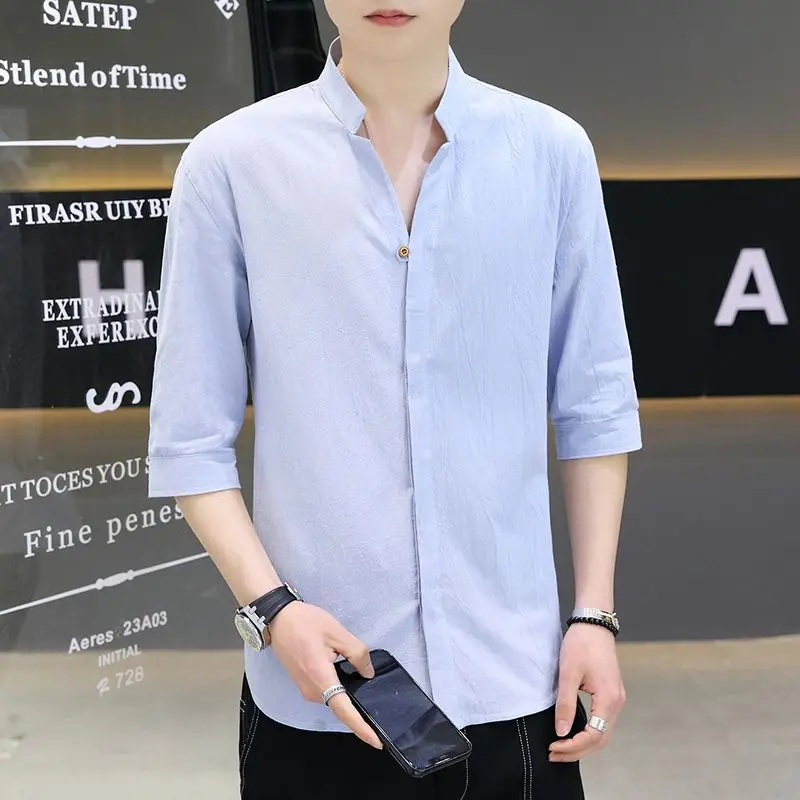 

Elegant Fashion Harajuku Slim Fit Ropa Hombre Loose Casual All Match Outerwear Stand Collar Pure Cotton Middle Sleeve Blusa