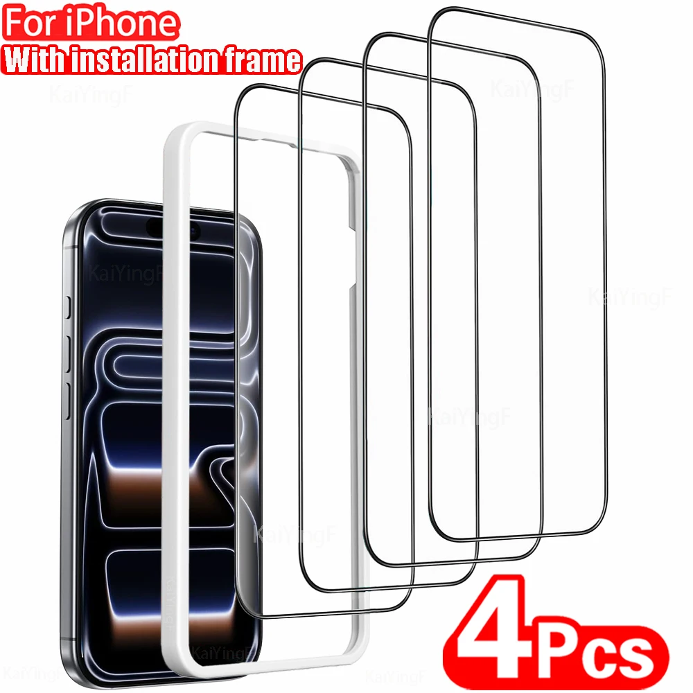4Pcs 9H+ Hardness Screen Protector For iPhone 17 18 16 15 14 13 12 Pro Max Plus With installation frame Tempered Glass Film