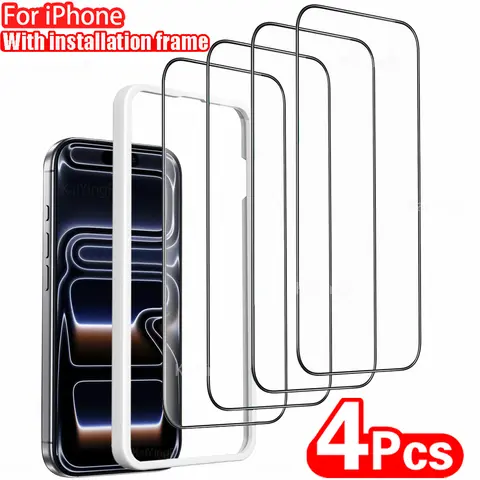 4Pcs 9H+ Hardness Screen Protector For iPhone 17 18 16 15 14 13 12 Pro Max Plus With installation frame Tempered Glass Film