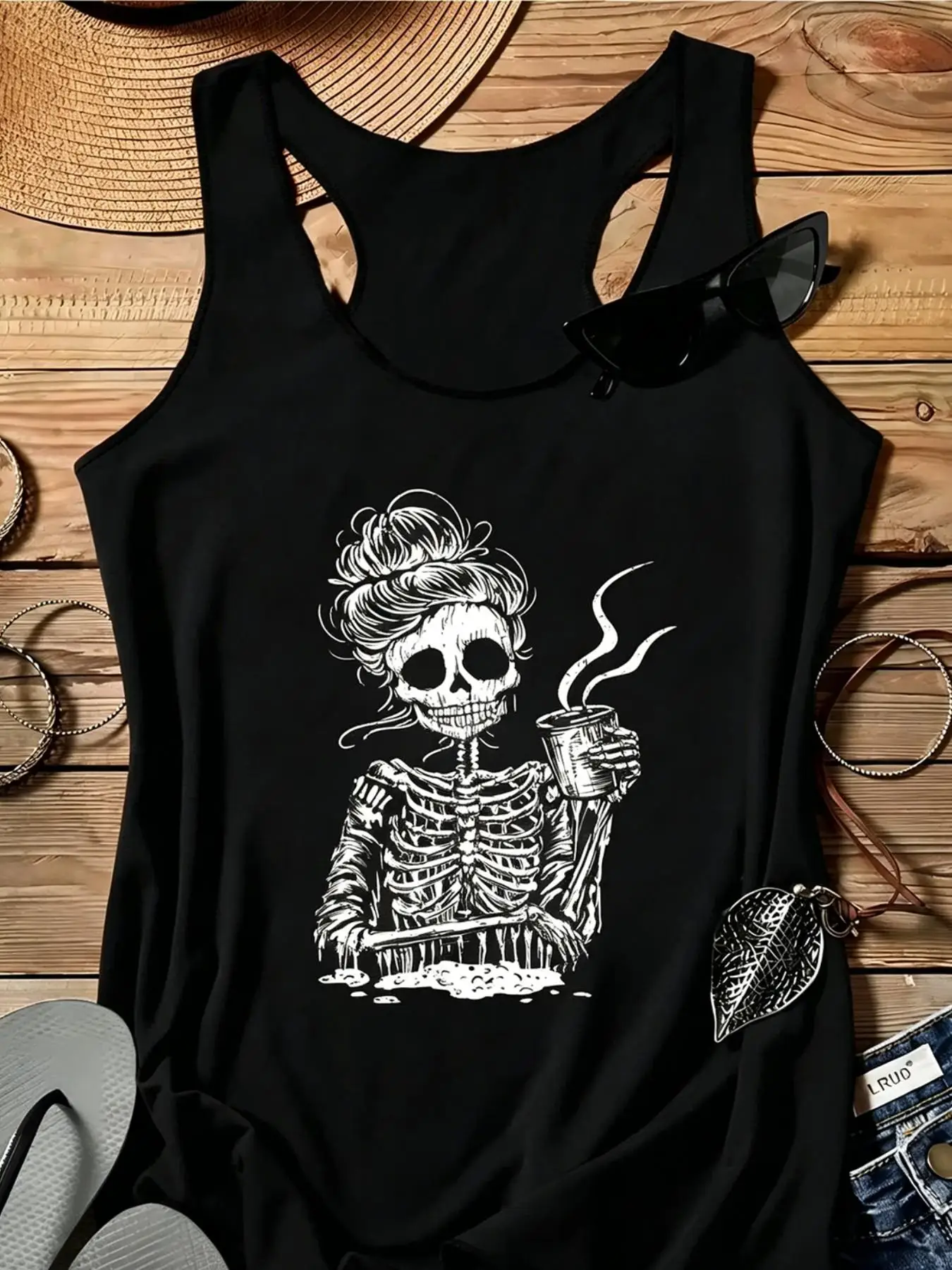Ladies' Skeleton Print I-Back Vest, A Summer Casual and Personalized Sleeveless Top, in a Popular Style, Perfect for Daily Wear