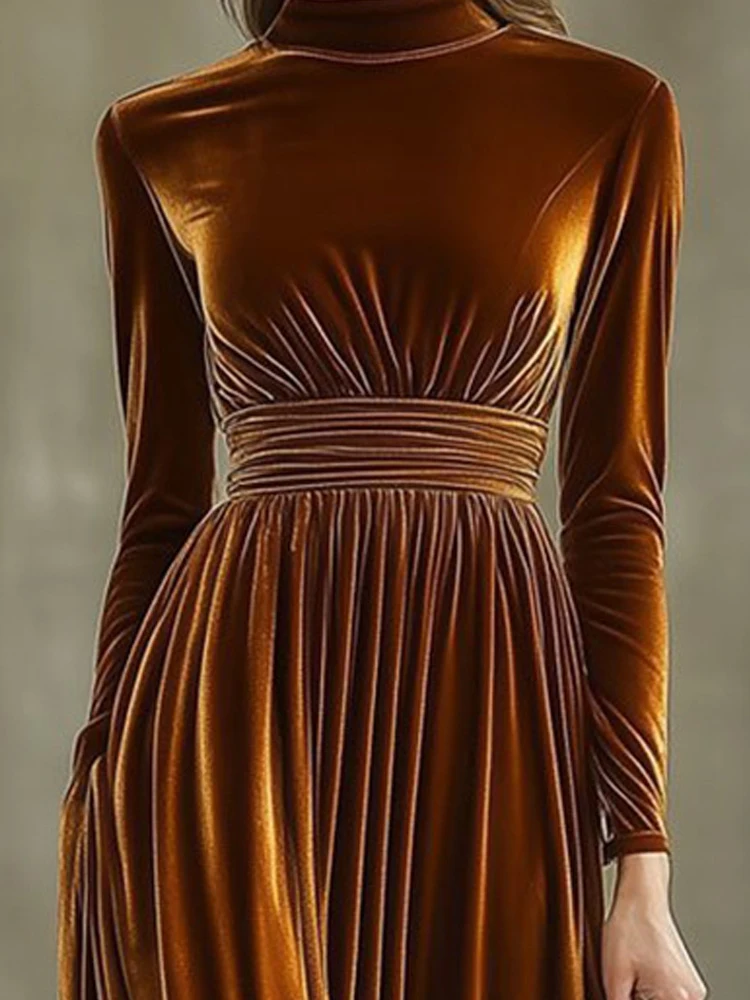 

Осеннее модное бархатное платье с высоким воротом, элегантное плиссированное однотонное вечернее платье с высокой талией, женские повседневные длинные платья с длинными рукавами