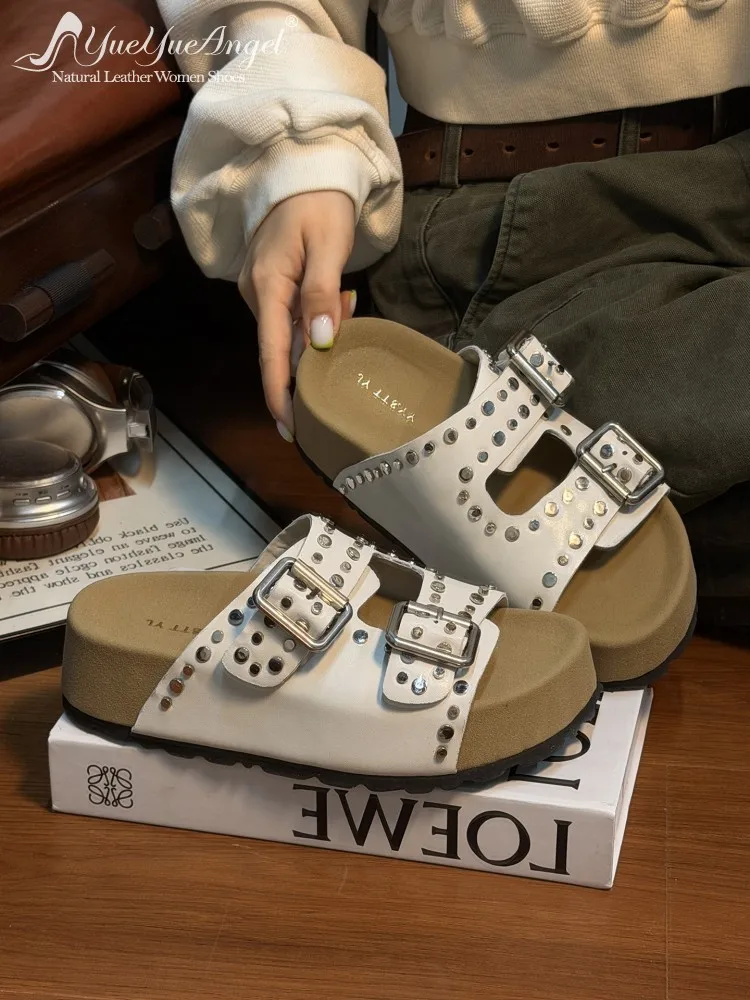 Vintage Ladies Elegant Summer Outdoor Comfortable Rivets Open Toe Thick Platform Slippers Genuine Leather Women Casual Slippers