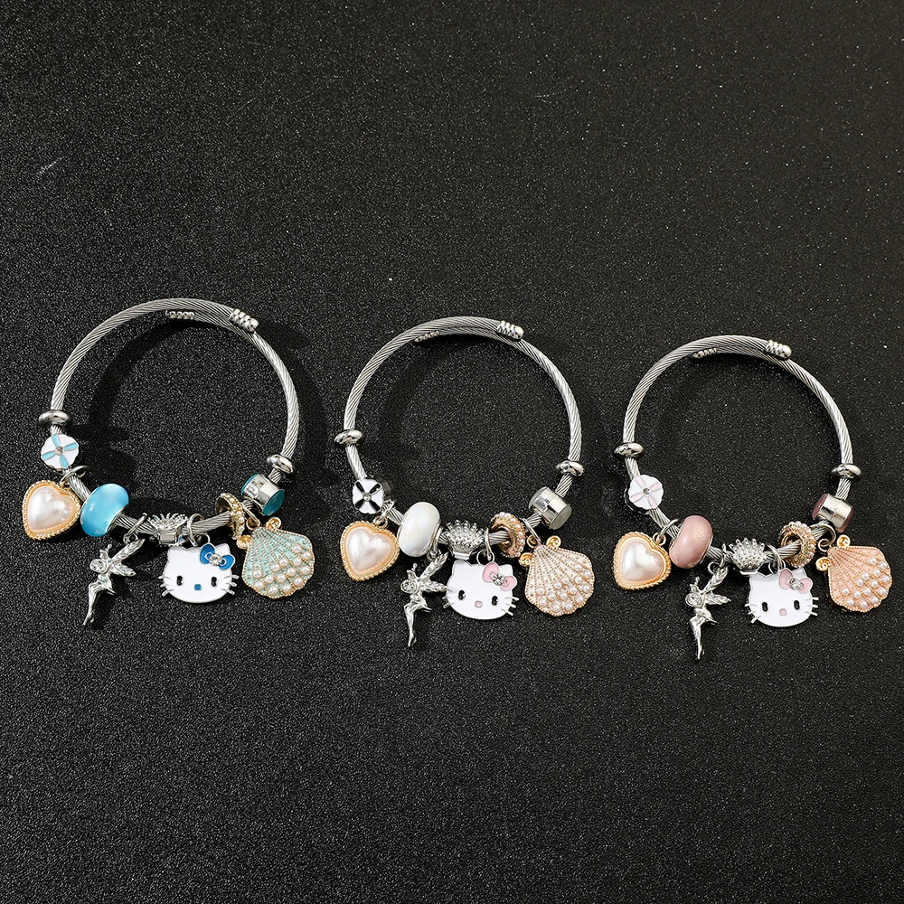 Sanrio Hello Kitty Bracelet for Women, Crystal Shell Beaded Accessories, 3 Colors Closure Adjustable Bangles, New Jewelry