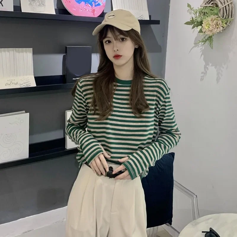 New Women Striped T-shirts Long Sleeve Spring Autumn Contrast Tops Women Loose Casual Bottoming Shirts New Classic O-neck Tees