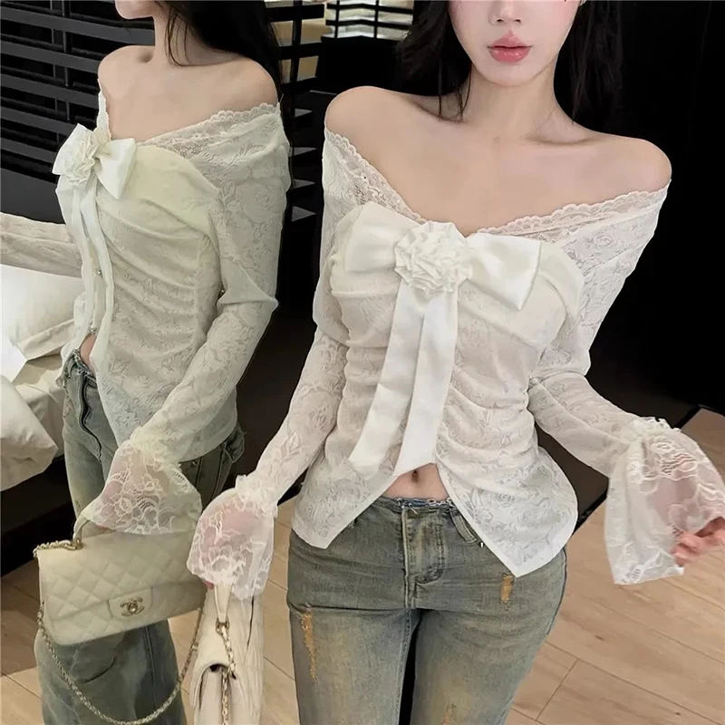 Elegancka, seksowna bluzka damska w stylu koreańskim z kokardą, długim rękawem, koronkową, prześwitującą koszulą Harajuku Y2K, dopasowany krój, dekolt w serek, słodka, biała, szykowna bluzka.
