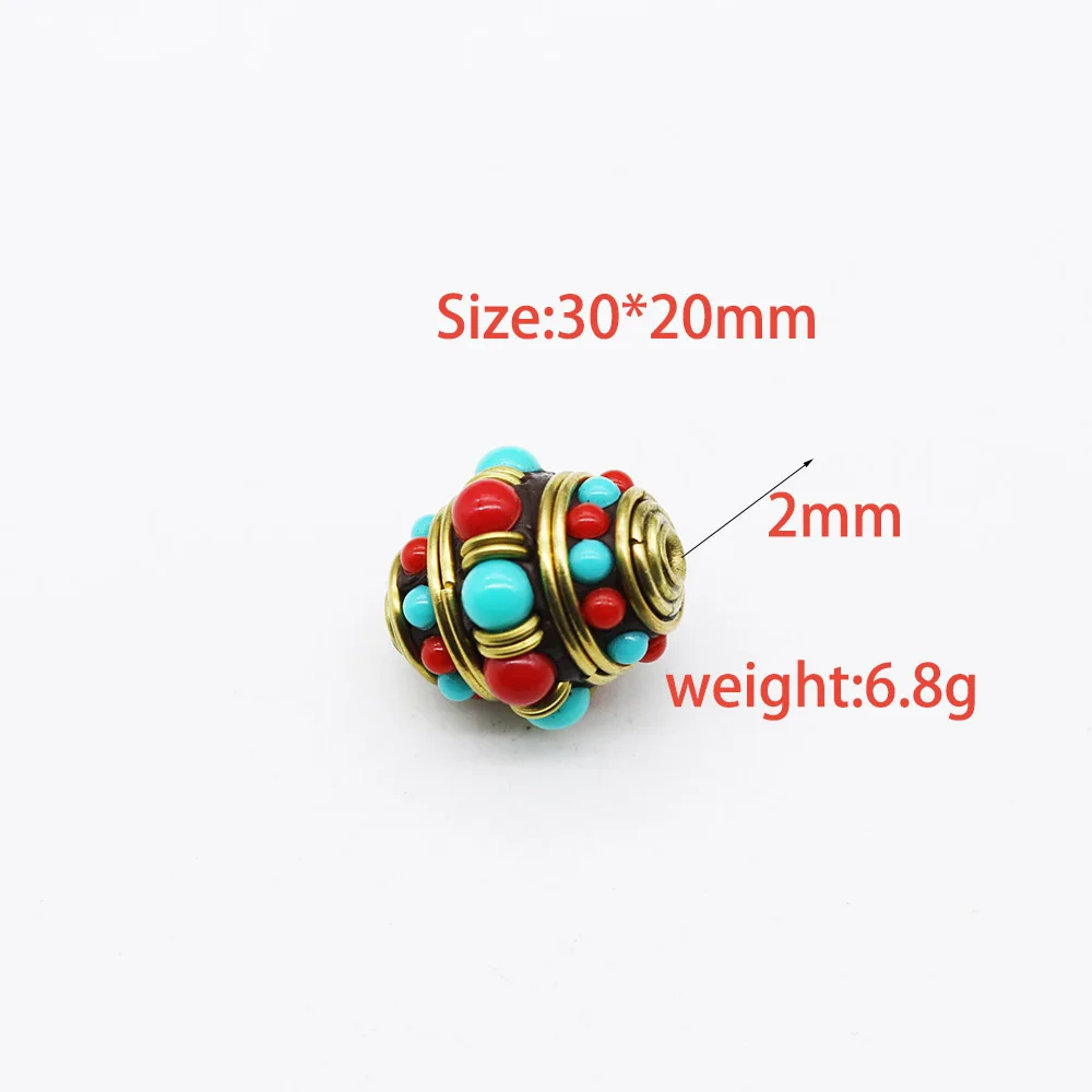 2-Pack Vintage Ethnic Style Handmade Brass Beads Nepalese Tibetan Design DIY Jewelry Spacer Beads Embedded Simulated Turquoise
