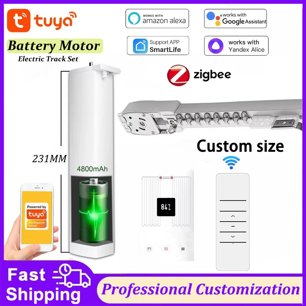 Latest Tuya Zigbee Smart Li Battery Curtain Motor with Electric Curtain Rail Cornice Track Support Alice Alexa Google