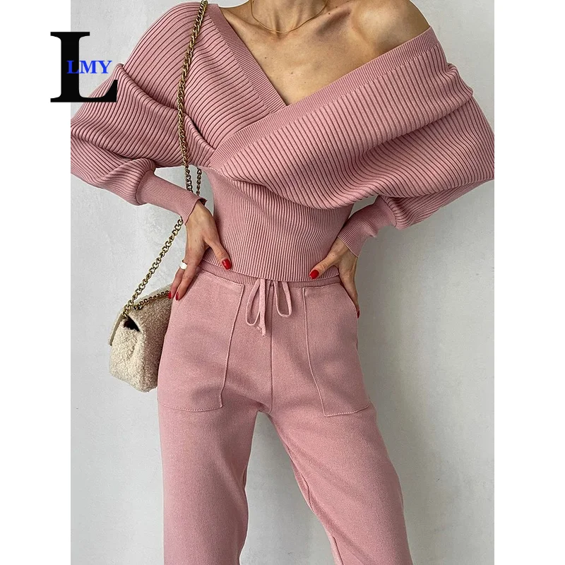 LMY Off Shoulder Knitted Sexy Two Piece Set Women Ribbed Knitted Backless Long Sleeve Tracksuit Sweater Pants Suits Knit 2 Piec