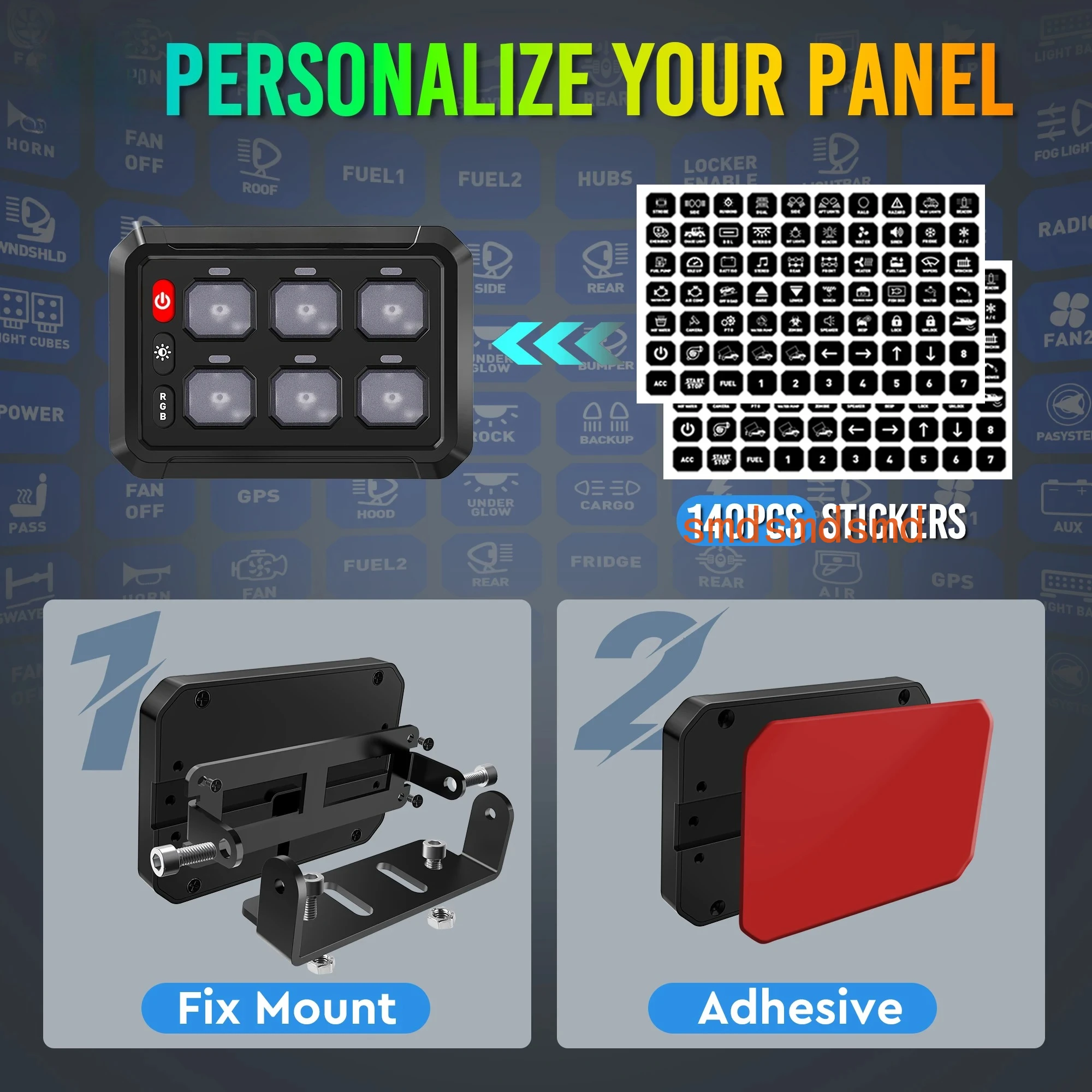 MICTUNING 6-Gang/8Gang RGB Switch Panel P1s-R-12V Multicolor Toggle Control Box with Relay for Trucks Boats Off-Road Vehicles