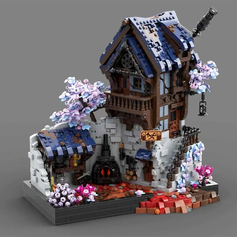 Gobricks MOC Smid Forge Huis Bouwstenen Model Middeleeuwse Fantasie Display Architectuur Bricks Montage Speelgoed Kinderen Geschenken