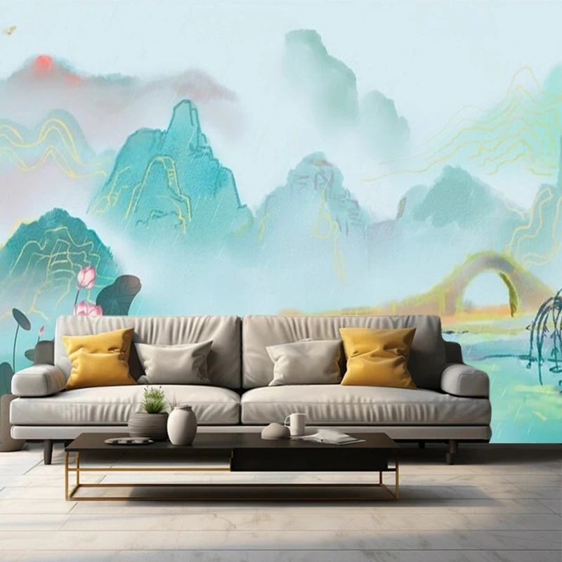 Abstract Hand-Painted Art Pattern Of Chinese-Style Gilded Landscape With Lotus Flowers On The Corridor Exhibition Wall Sticker