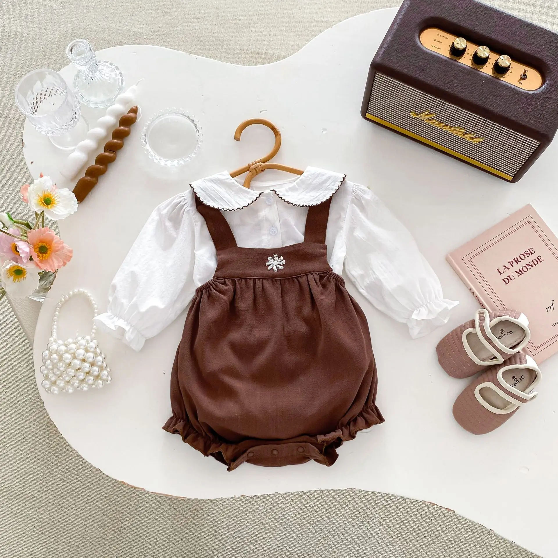 2024 spring clothing new baby bag pants Korean version of female treasure embroidered suspenders + lapel long-sleeved shirt