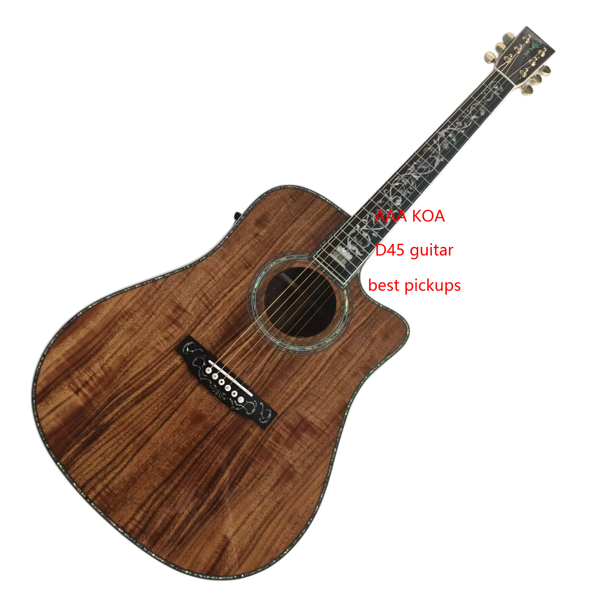 professional dreadnought acoustic guitar with pickups, koa wood bluegrass guitar cutaway
