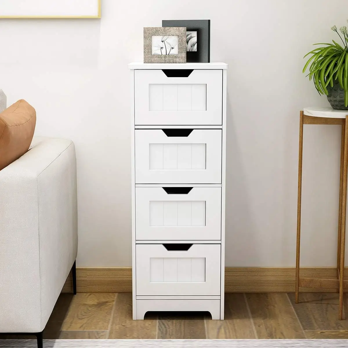 Bathroom Floor Cabinet White Freestanding Storage Organizer Cabinet with 4 Drawers for Bathroom, Living Room, Kitchen, 11.