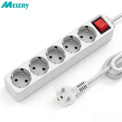 Melery Power Strip Surge Protector 3/4/5/6 AC EU Electrical Plug Outlet Socket Lead Extension Adapter Extenstion Cord Cable 1.5m