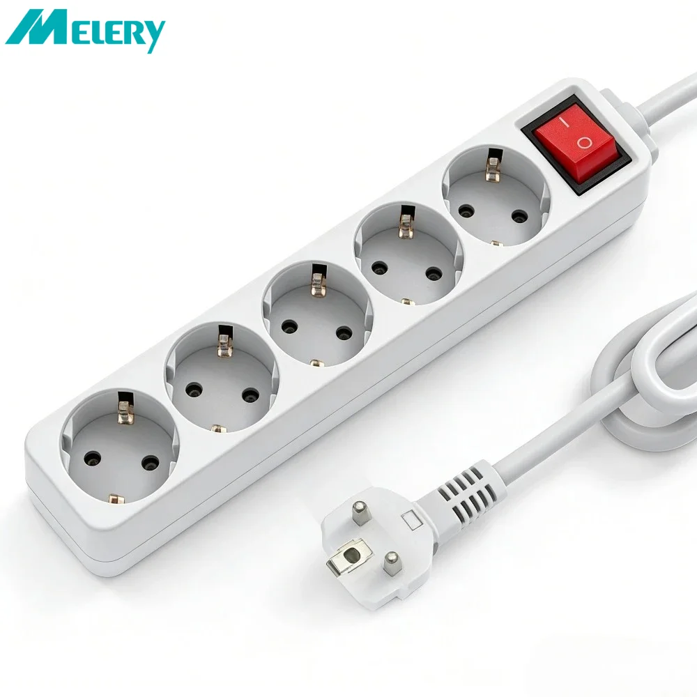 Melery Power Strip Surge Protector 3/4/5/6 AC EU Electrical Plug Outlet Socket Lead Extension Adapter Extenstion Cord Cable 1.5m