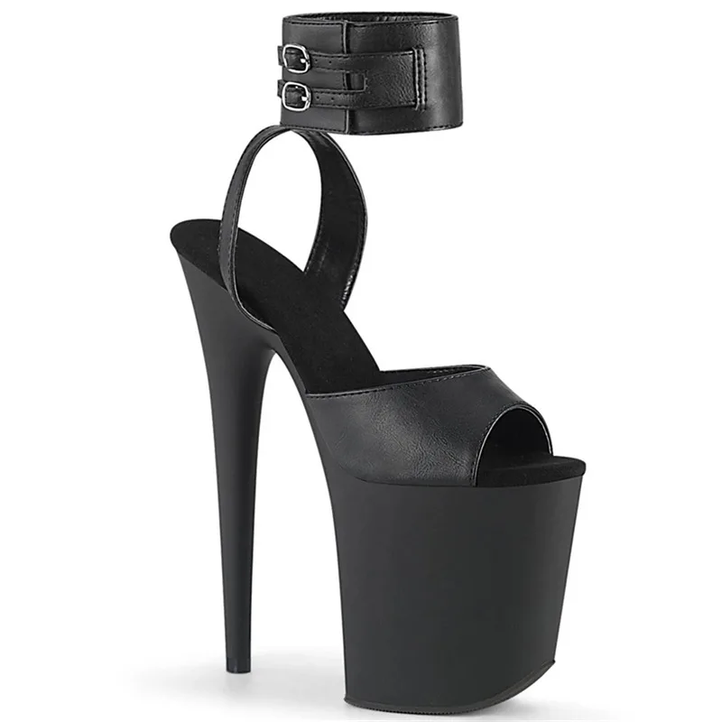 

2026 Summer Black Faux Leather Platform Sandals Women 20cm Stiletto Heel Ankle Cuff Pole Dance Shoes for Stage Performance