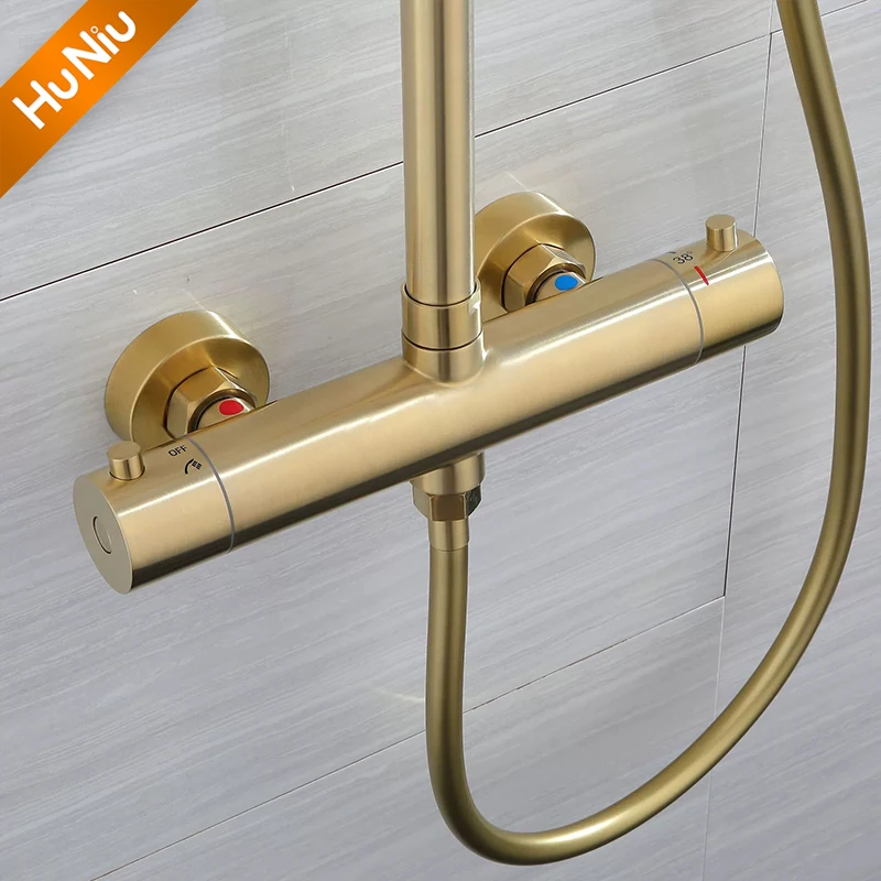 HuNiu Thermostatic Shower System Set Stainless Steel Bathroom Shower Set Bath Shower Faucet Set Rainfall Shower Set Brushed Gold
