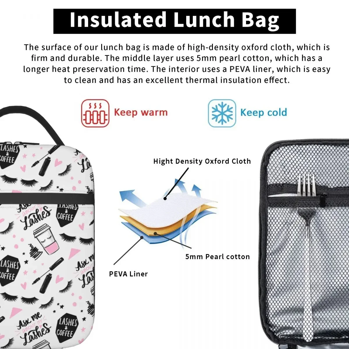 Girls Lashes Mascara Brush Eyes Insulated Lunch Bag Girl Beauty Makeup Food Box Leakproof Thermal Cooler Lunch Box School