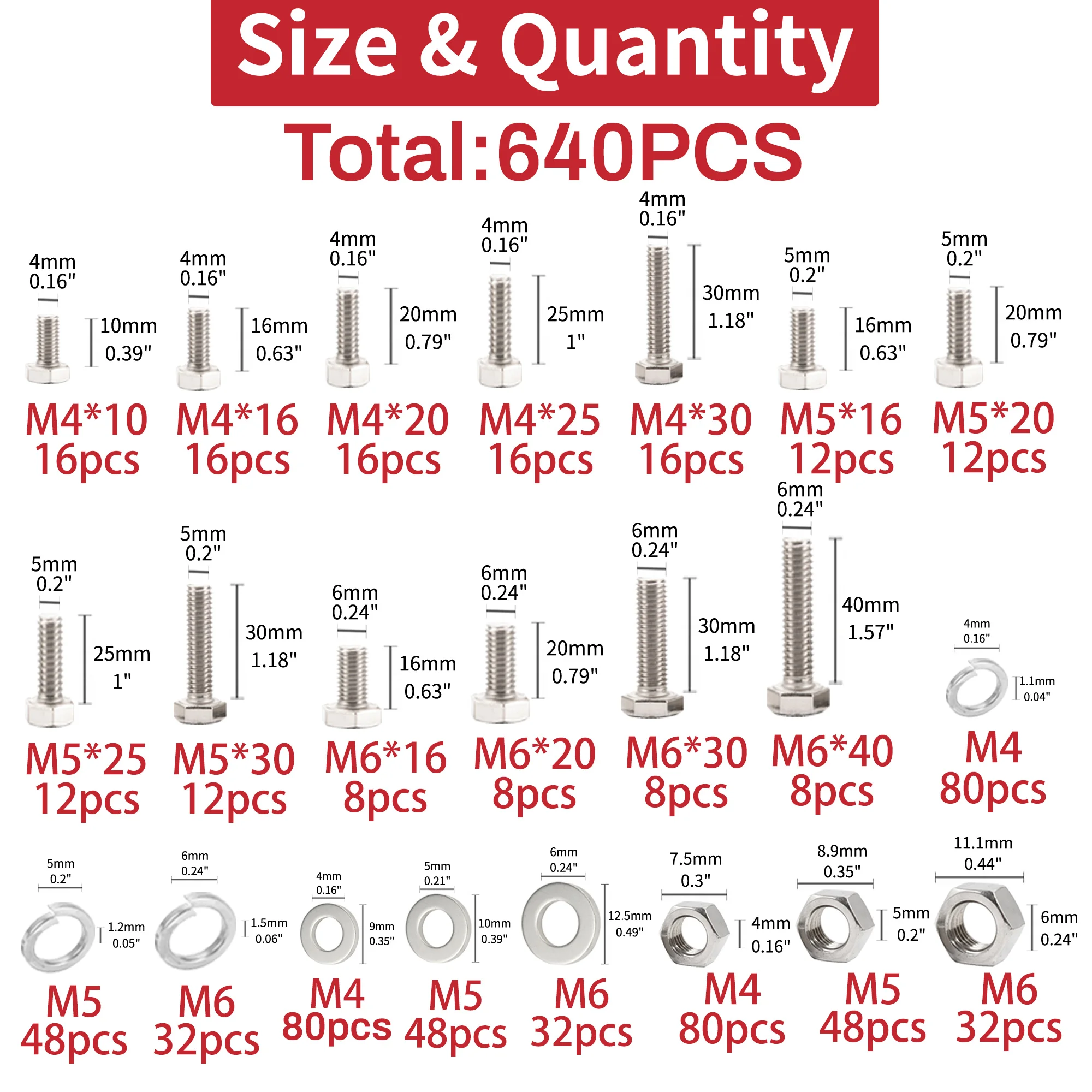 640pcs 304 Stainless Steel Hex Head Screws And Nuts Assortment Kit M4 M5 M6 Hexagon Bolt Screw And Nut Set Large Full Extension