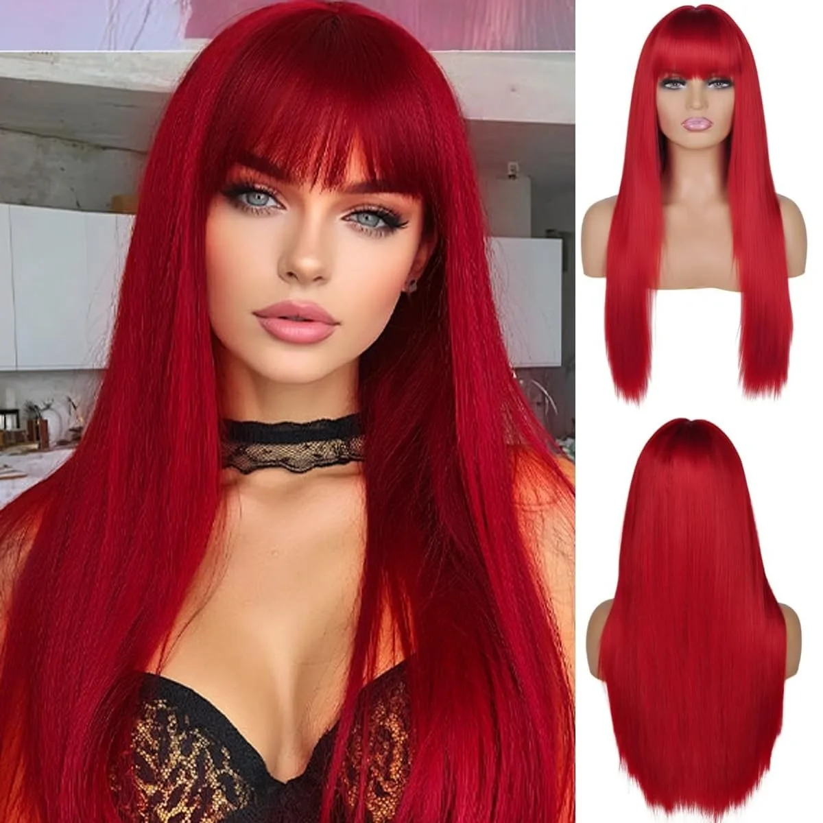 Red long straight hair synthetic wig for Halloween cosplay wig for role-playing, daily party, high-temperature hairnet