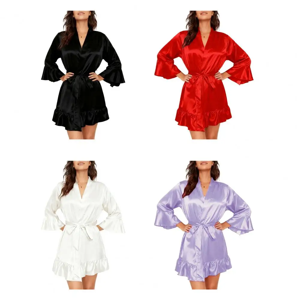 

Sexy Robe Satin Silk Pajamas Kimono Women Solid Color Nightdress Bride Wedding Robe Underwear Sleepwear Lady Bathrobe