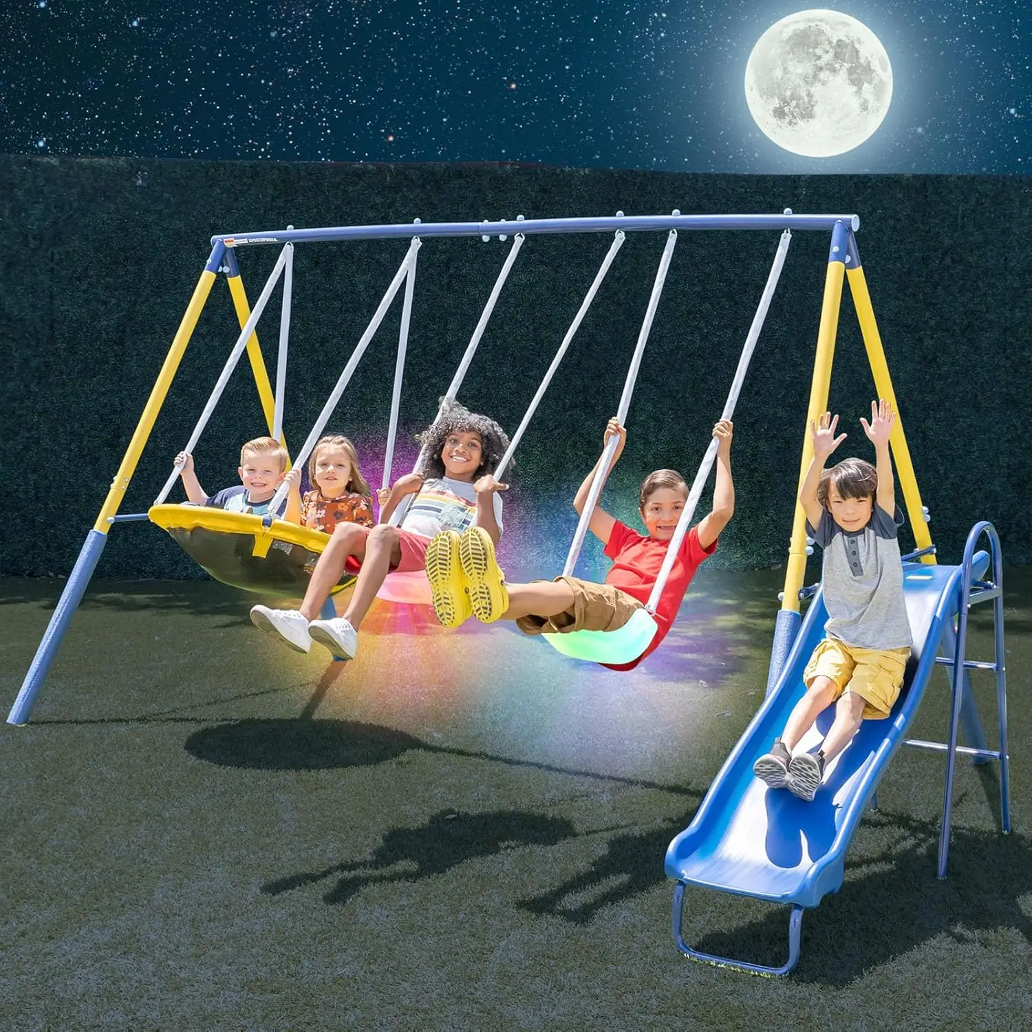 Juego de columpios para niños al aire libre con columpios LED, columpio con platillo y tobogán de 5 pies: juego de metal seguro para edades de 3 a 8 años