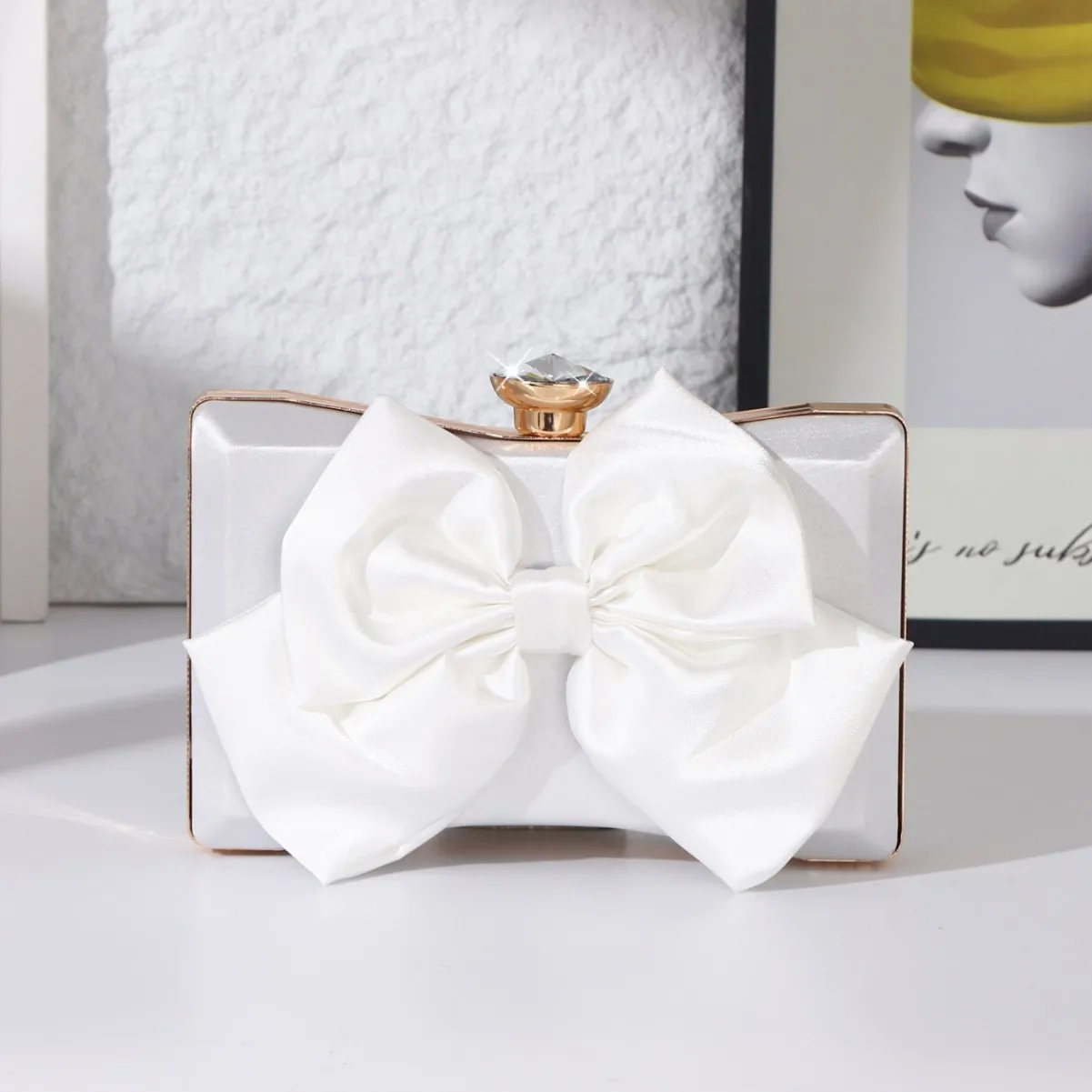 

Classic Fashoin Pure White Dinner Evening Bags Party Bridal Small Clutch Purse For Women Fashion Bow Clutches Chain Shoulder Bag