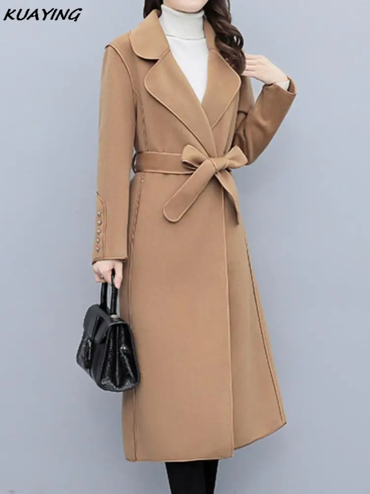 

Women Elegant Casual Woolen Coat Vintage Single Button with Belt Solid Chic Autumn Winter Outerwear Overcoat Female Clothes New