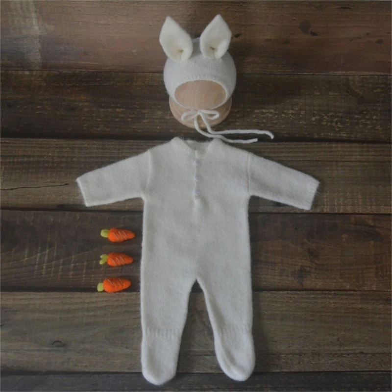 B2EB Newborn Photography Props Baby Girls Photo Romper Bodysuit Romper with Rabbit Ears Hat & Carrots set for Babies