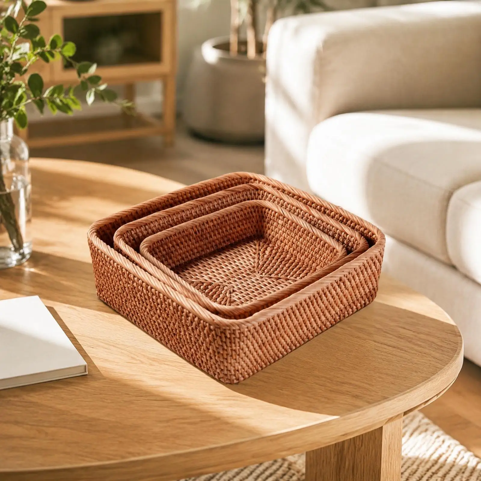 3 Pieces Handwoven Rattan Storage Basket Sturdy Rattan Basket with Braided Rim