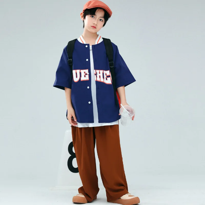 Kid Hip Hop Clothing Navy Blue Oversized Cardigan Baseball Shirt Brown Wide Leg Casual Pants for Girl Boy Dance Costume Clothes