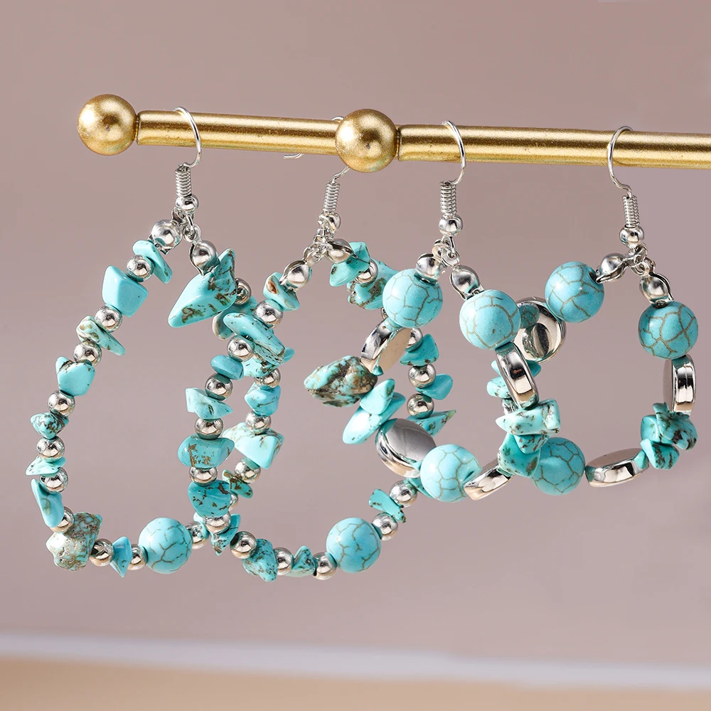 

Aihua Bohemia Tibetan Silver Turquoise Blue Stone Earrings For Women Vintage Ethnic Irregular Stone Earrings Boho Jewelry Gifts