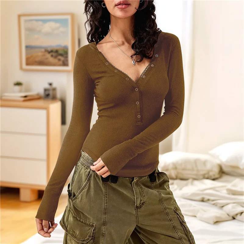 

【Party-Decoration】Womens Long Sleeves Ribbed Knit Tunic Scoop Neck Button Down Casual Henley Tee Shirt Slim Fit Blouses