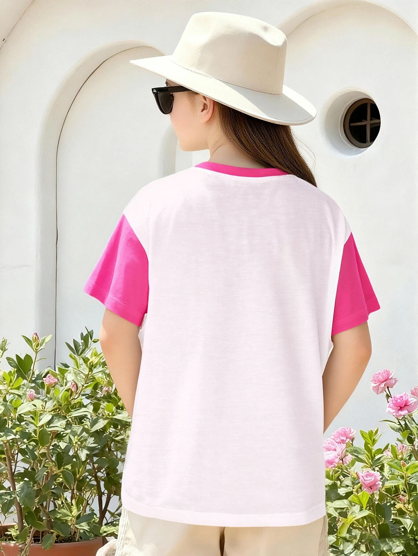 2026 Girls Strawberry Berry Flower Print Contrast Short Sleeve T-Shirt