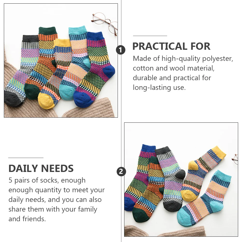 5Pairs الشتاء الجوارب النساء جوارب صوفية دافئة منتصف العجل طول النمط الوطني مريحة النساء جوارب من الصوف. هدية الكريسماس
