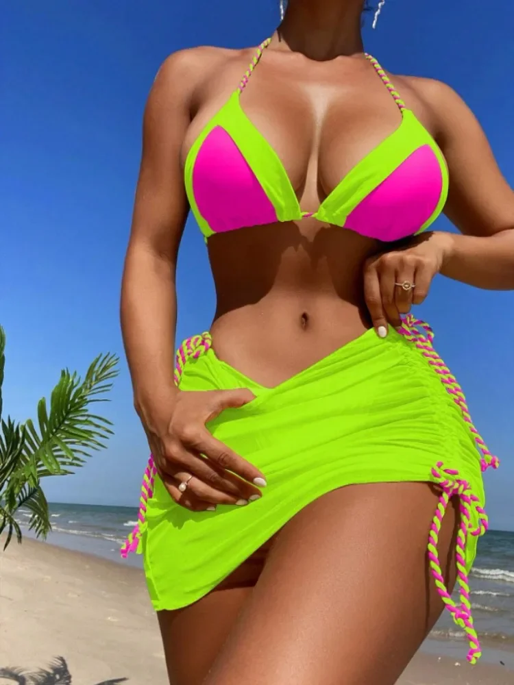 Sexy bikini banho feminino 2024 maiô de três peças com saia biquinis brasileiros verde amarelo verão beachwear fatos de banho