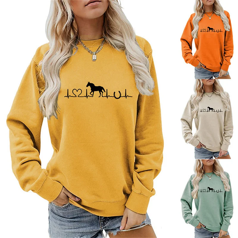 

New autumn and winter cotton women's fashion casual round neck hoodie heart electric horse love fun printed long sleeve shirt