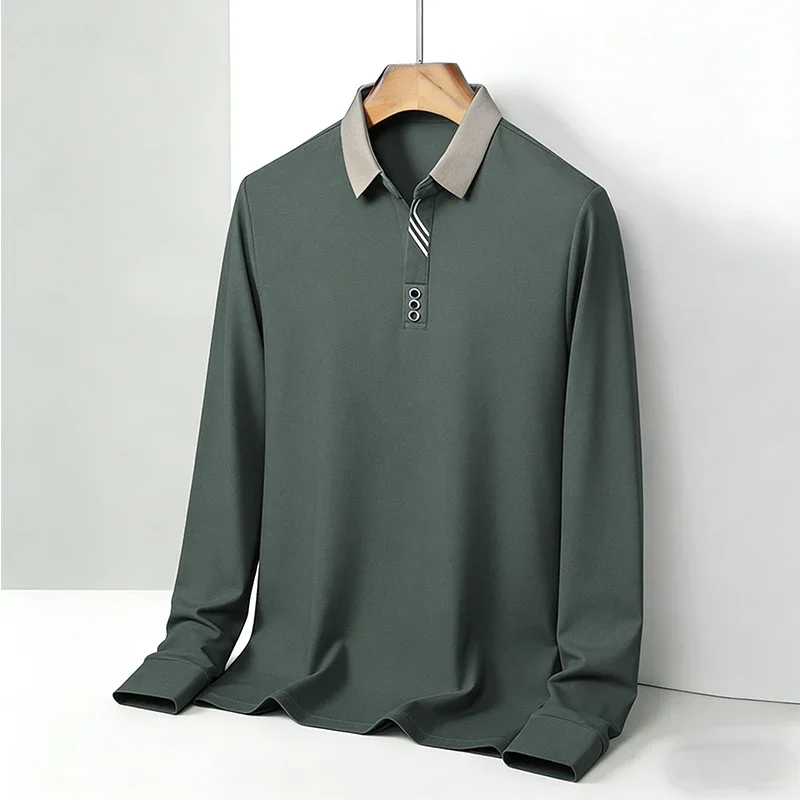 Contrast Collar Men's Polo Shirts Long Sleeve Striped Placket Casual Business Autumn Winter Tees