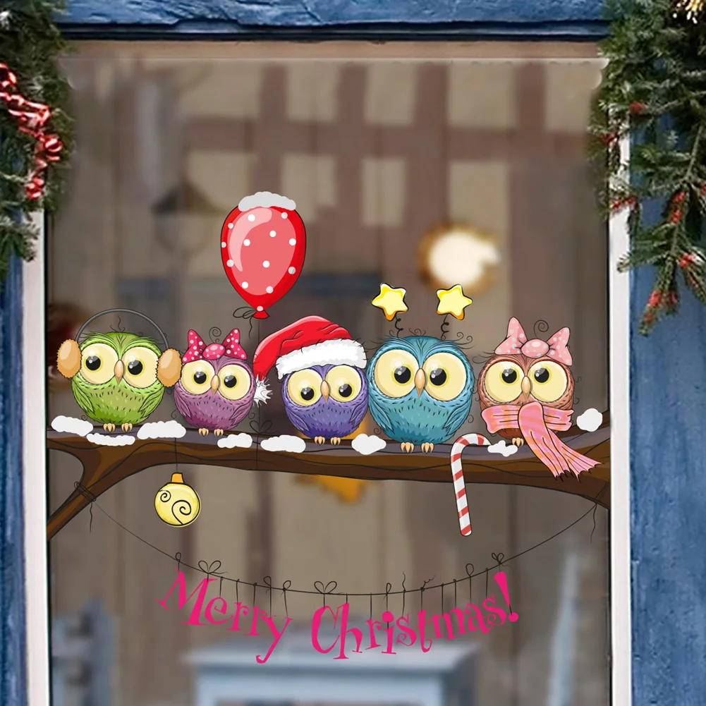 Christmas Owl On Branch Wall Stickers For Home Decor Mural Living Room Decoration Wallpaper Glass Window New Year Festival Decal