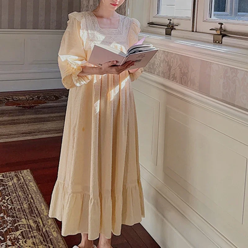 Autumn Winter Pure Cotton Night Dress Women Sweet Long Sexy Nighty Peignoirs Vintage Lace Nightgowns Fairy Princess Sleepwear