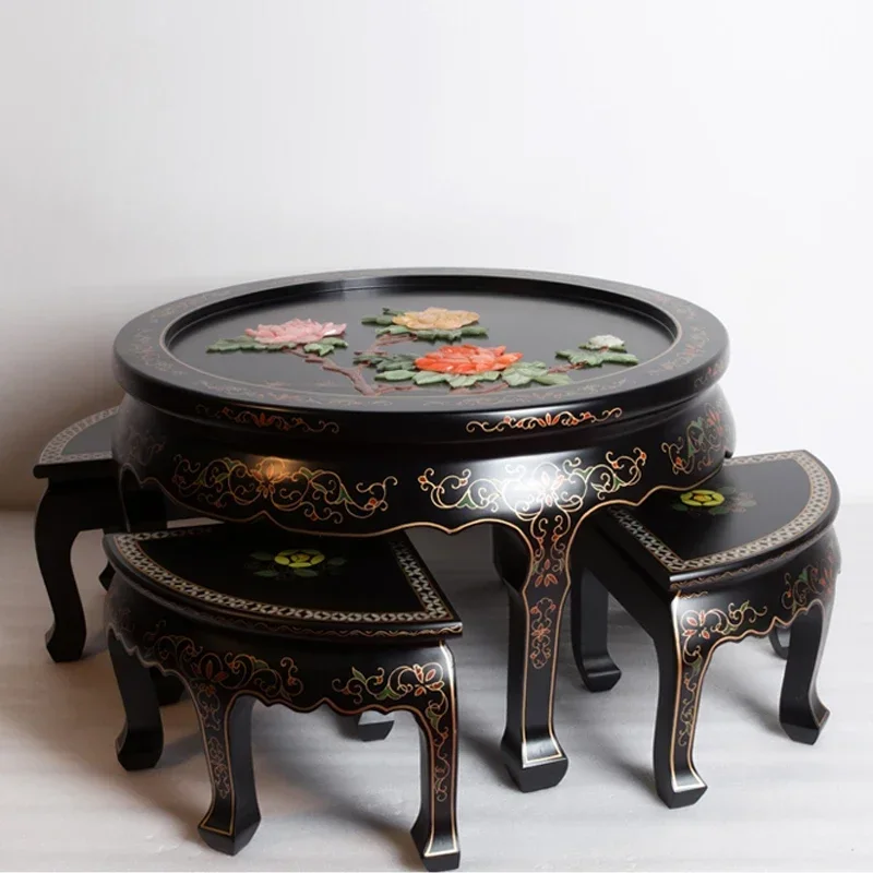 

Новая китайская легкая роскошная мебель, инкрустированная камнем, черный фон, круглый стол, табурет, обеденный стол, журнальный столик