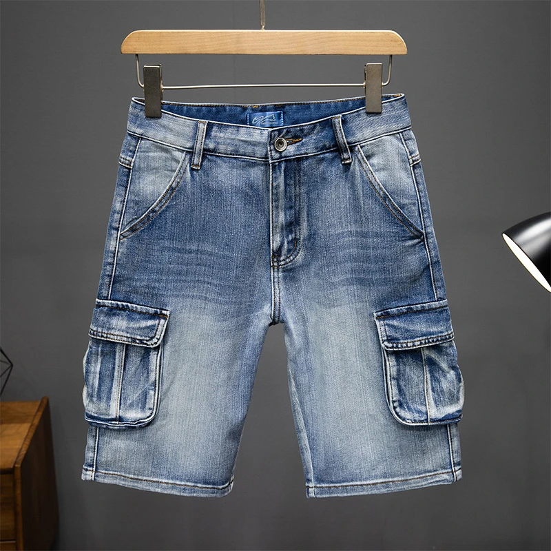 High -quality American retro workers elastic denim shorts Baggy Jeans loose large -size straight pants high street pants