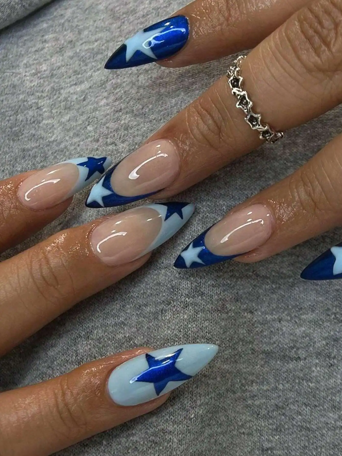 24pcs Blue Almond False Nails French Style Royal Blue Star Waterdrop Shape + Jelly Gel + Nail File Press On Nails Supplies