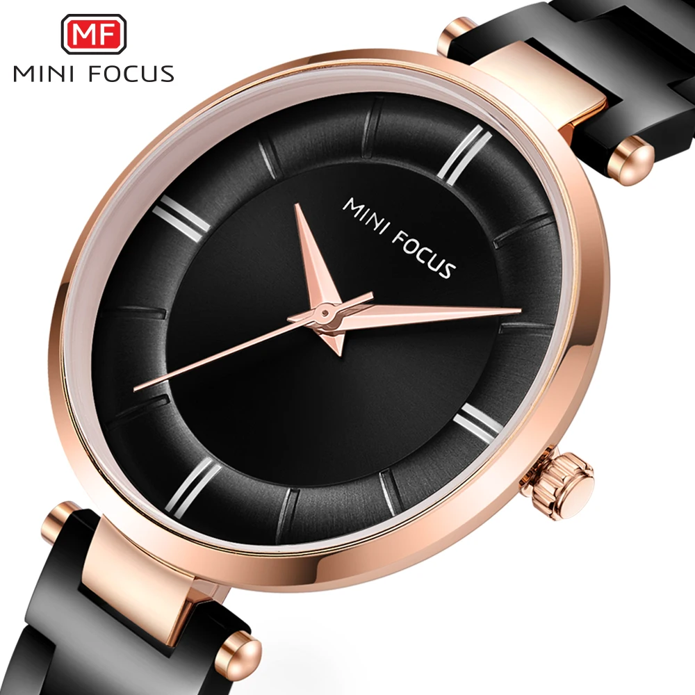 

MINI FOCUS Business Minimalist Women Quartz Wristwatches Fashion Black Dial Luxury Stainless Steel Strap Elegant Watches 0235L