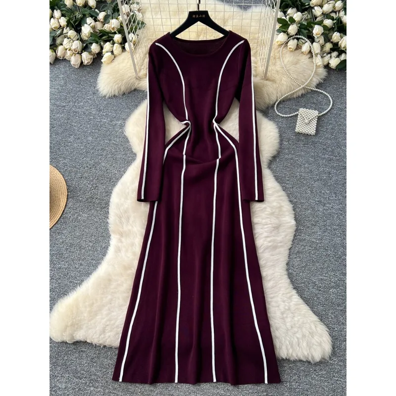 

High Quality Sweater Dress New Fashion Contrast Color Side Stitching Waist O-neck Long Sleeve Dress Women Sweater Dress Elegant